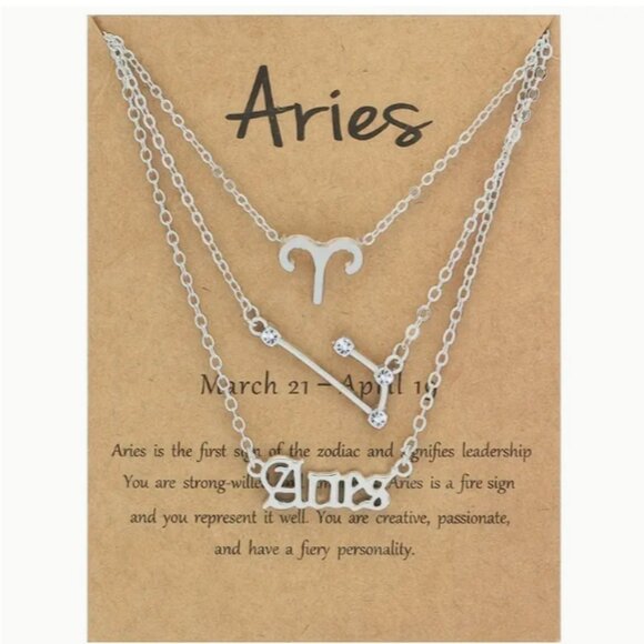 🍏50% OFF/3+...♈ 3 pc zodiac Aries link chain layered necklace set (Silver tone) - Picture 1 of 5